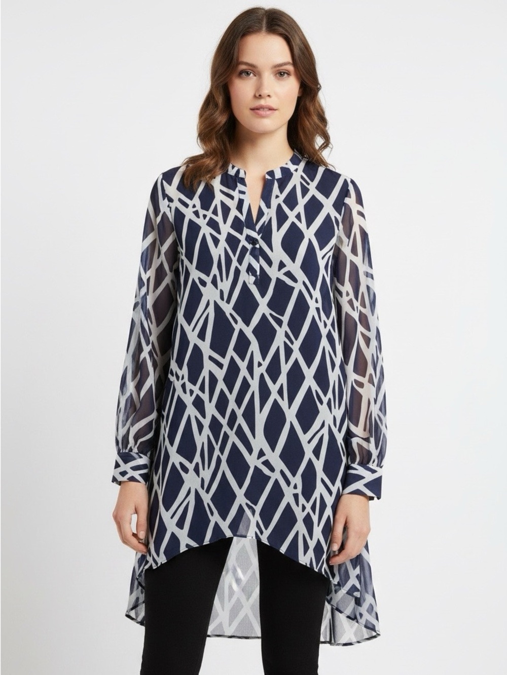 Chico's Navy and White Geometric High-Low Tunic- size1